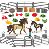 Wildlife Safari Horse Farm Model Set with Fence and Worker Figures