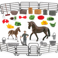 Wildlife Safari Horse Farm Model Set with Fence and Worker Figures