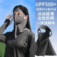Summer Full Face Sun Protection Mask with Neck Cover, Facekini, Ice Silk, 3D, UV Protection