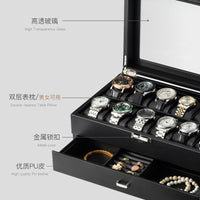 Double-Layer 12-Slot Watch Display Box with Carbon Fiber PU Leather