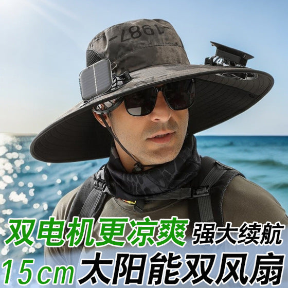 Solar Three-Fan Hat with Wide Brim for Outdoor Activities