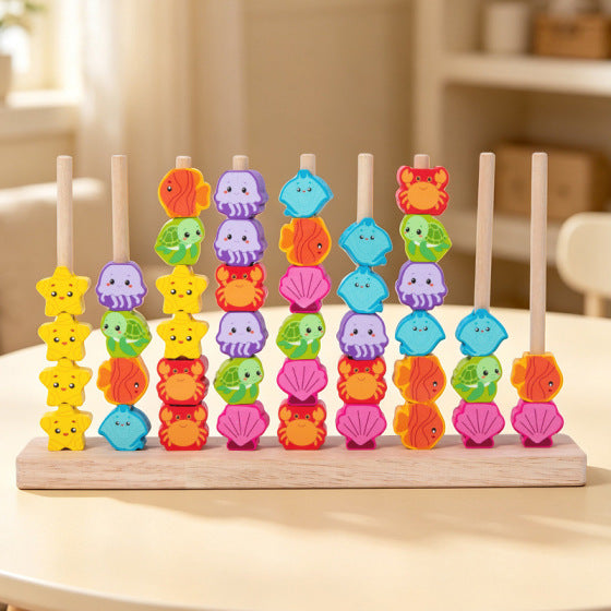 Wooden Ocean Animal Bead Counting Frame Color Matching Educational Toy for Kids