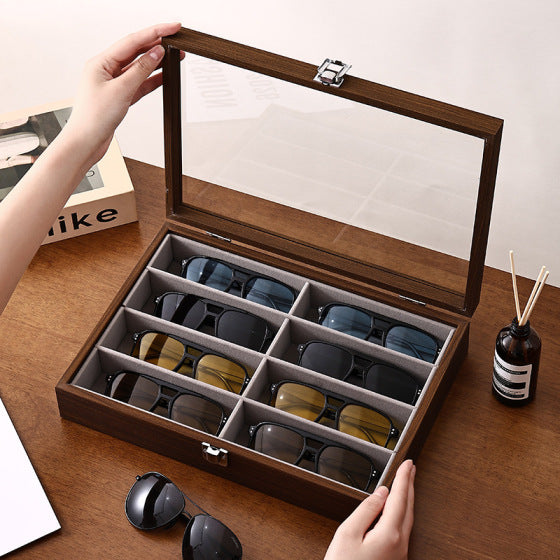 Solid Wood 8-Grid Eyeglass Storage Box, Premium Walnut Color, Sunglasses Display Tray for Optical Shops, Portable