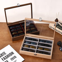 Solid Wood 8-Grid Eyeglass Storage Box, Premium Walnut Color, Sunglasses Display Tray for Optical Shops, Portable