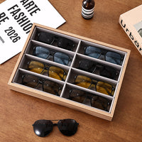 Solid Wood 8-Grid Eyeglass Storage Box, Premium Walnut Color, Sunglasses Display Tray for Optical Shops, Portable
