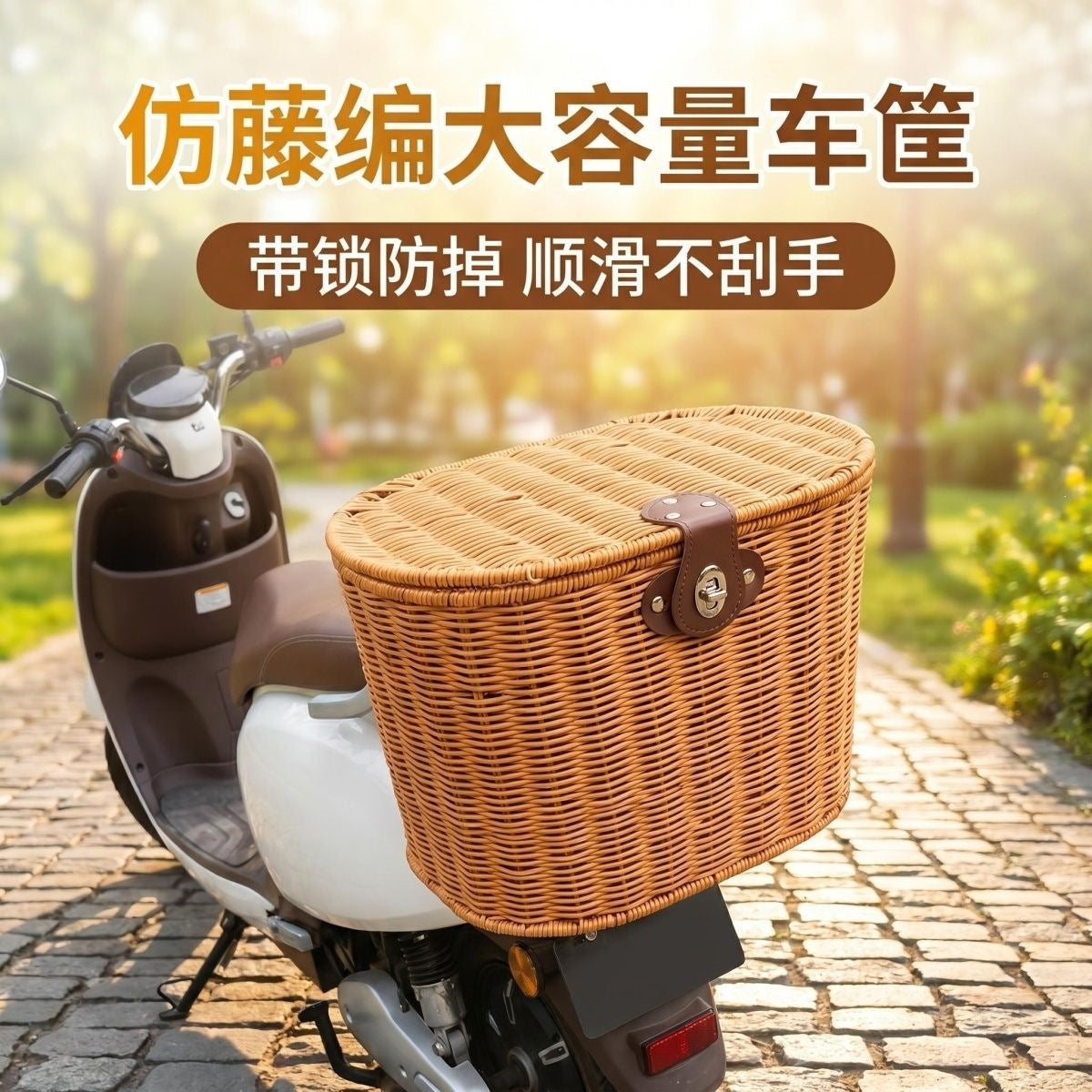 Rear Bike Basket with Lid and Lock, Hand-Woven Rattan Style