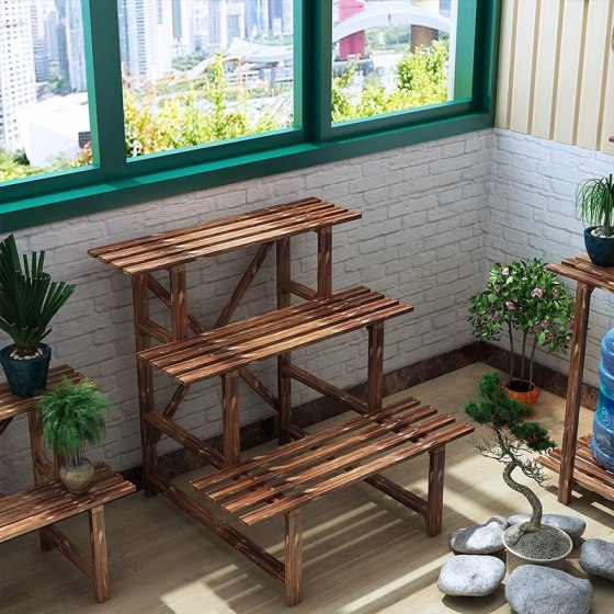 Carbonized Solid Wood Plant Stand, 3-Tier Ladder for Balcony, Outdoor Flower Pot Rack