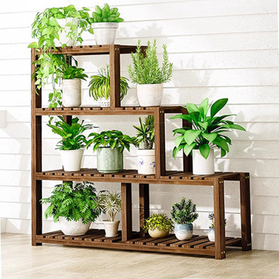 Balcony Plant Stand, Multi-tier Stepped Solid Wood Shelf for Indoor Plants