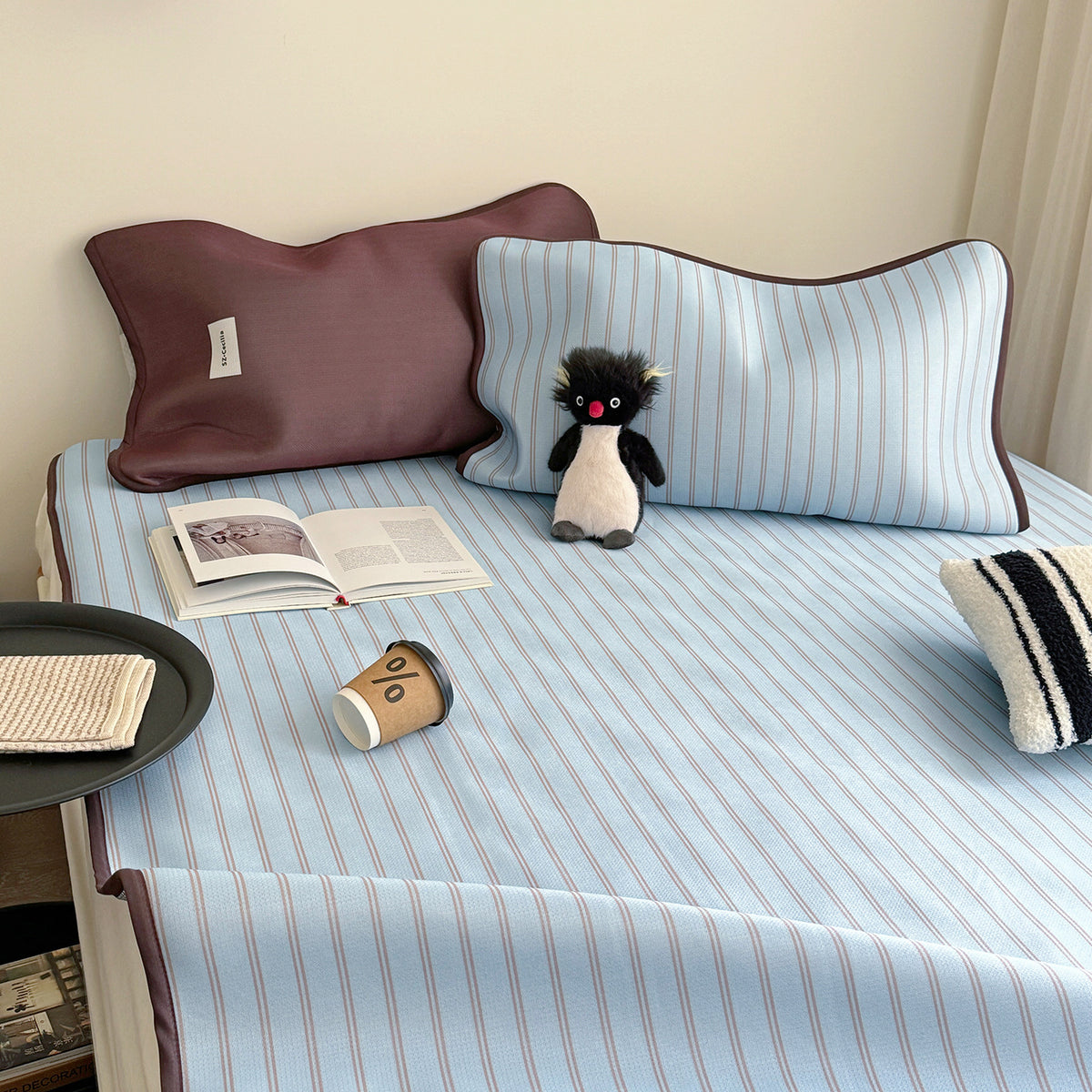 Nordic Style Blue-Brown Striped Ice Silk Mat Set, Air Conditioning Mat, Machine Washable, 1.5m