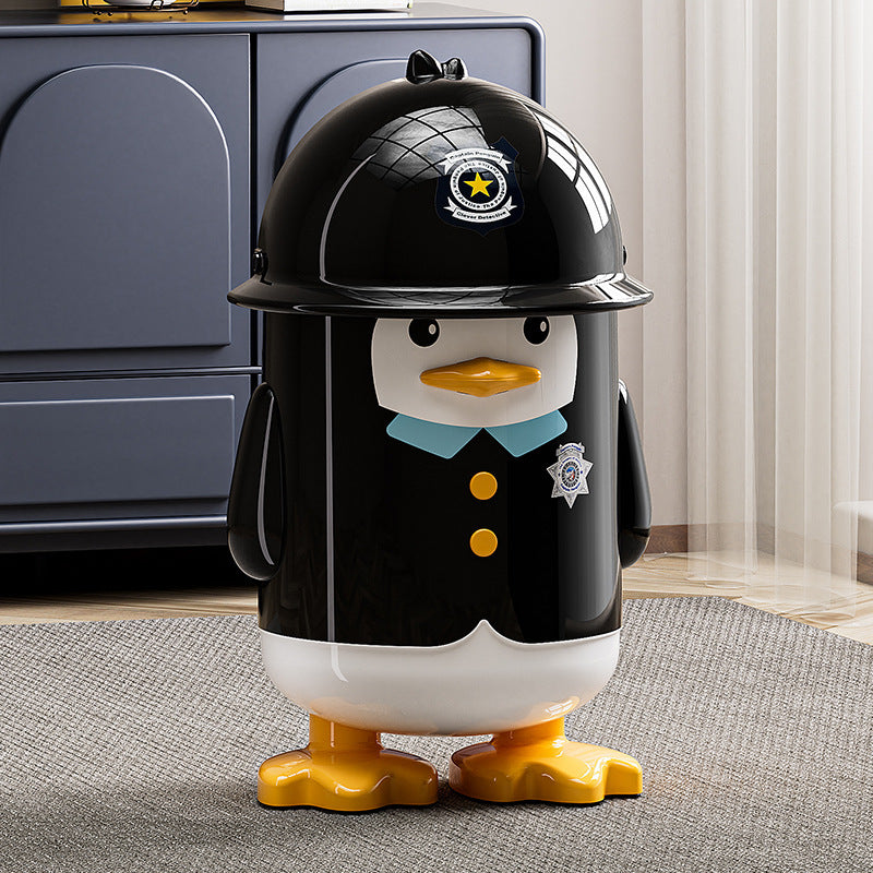 Penguin Sheriff Cartoon Flip-Top Trash Can with Wheels, 10L, PP, Black