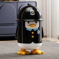 Penguin Sheriff Cartoon Flip-Top Trash Can with Wheels, 10L, PP, Black