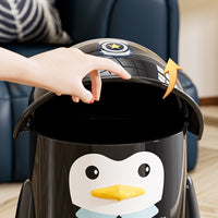 Penguin Sheriff Cartoon Flip-Top Trash Can with Wheels, 10L, PP, Black