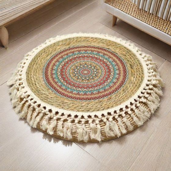 Round Straw Woven Floor Cushion for Meditation and Balcony