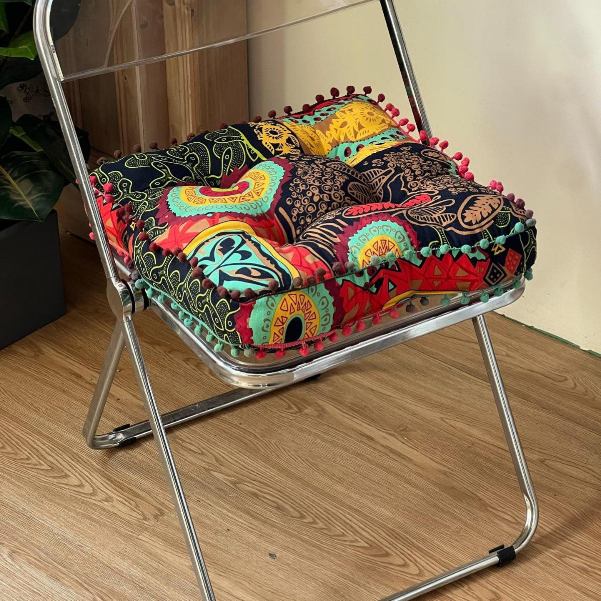 Cotton Linen Square Floor Cushion with Pompoms, Balcony Style