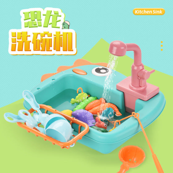 Electric Dinosaur Dishwasher Toy with Circulating Water and Fishing, 2-in-1 Kitchen Playset