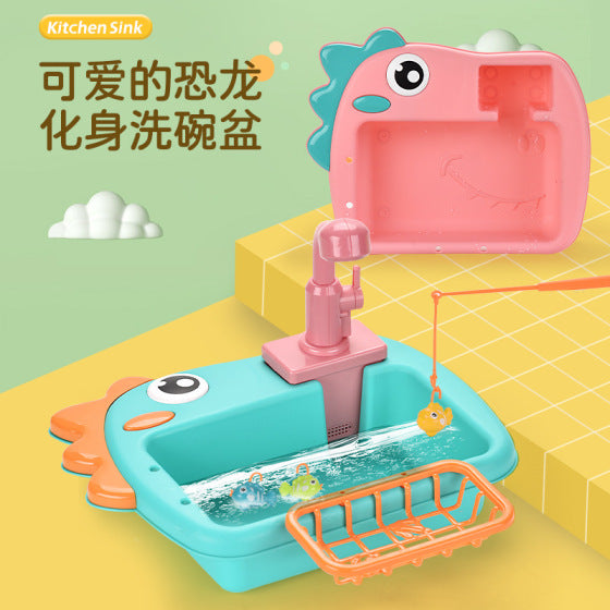 Electric Dinosaur Dishwasher Toy with Circulating Water and Fishing