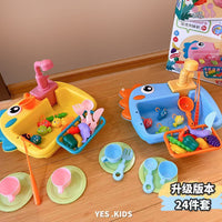 Electric Dinosaur Dishwasher Toy with Circulating Water and Fishing, 2-in-1 Kitchen Playset