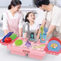 Electric Dishwasher Pretend Play Set with Circulating Water, Kitchen Sink Toy for Girls