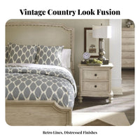 pale Distressed Bedside Cabinet French Country design Distressed pale Nightstand Decorative Knobs Carved features for Homeowners