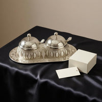 2 Pieces Condiment Holder Tray Set Floral Scrollwork Oval Tray Jar Set Embossed