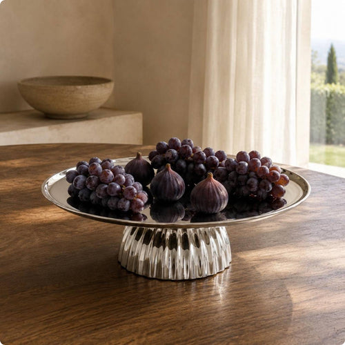 Pedestal Tray Silver Finish Table Decoration Shallow Edge Household Item