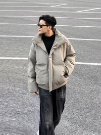 美式高街短款羽绒棉服男冬季穿搭一整套装高级感廓形PU皮棉袄外套