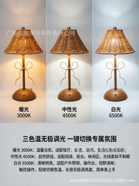 Rechargeable LED Table Lamp with Rattan Shade, Vintage Style, Dimmable