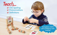 Wooden Reading Blocks Spelling Game with Cards, Montessori Rotating Letters Learning Toy for Preschool Boys and Girls