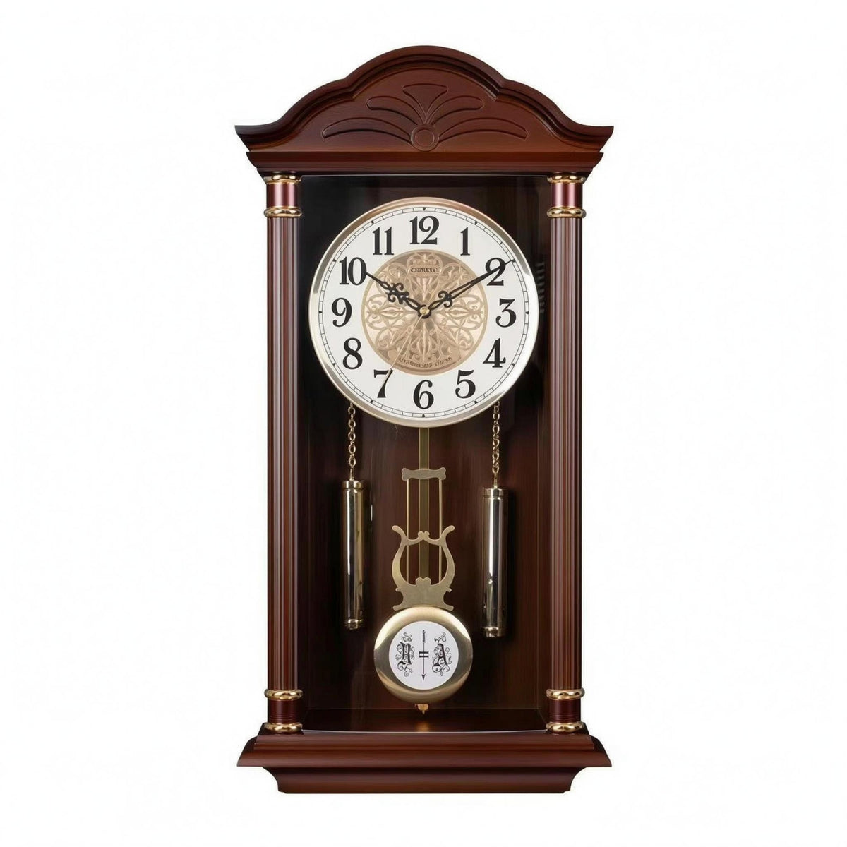 Chinese-Style Vintage Pendulum Clock Arched Crown Wood Wall Clock Stepped Base Home Decor Gold-Toned Detailing