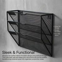 3-Tier Metal Mesh Desk Storage Organizer, Wall Mounted File Holder for Office Home, Vertical Magazine Rack Document for Students