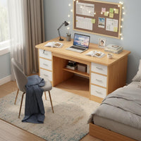 Stable Structure Computer Desk with Drawers Easy Assembly Computer Desk with Storage Rustic Wood Grain Household Furniture Lockable Drawer for Students, Gamers