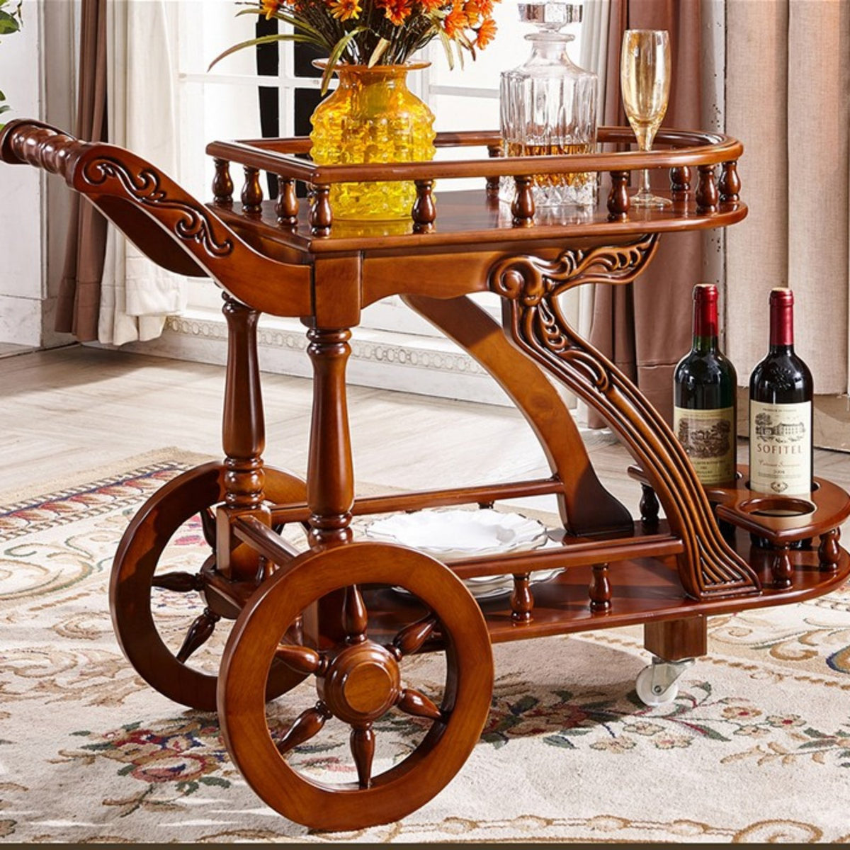 Vintage Beverage Cart With Wheels Mobile Beverage Rack Cart Solid Wood Construction Wooden Serving Trolley for Hotel Managers, Home Bar, Dining Room
