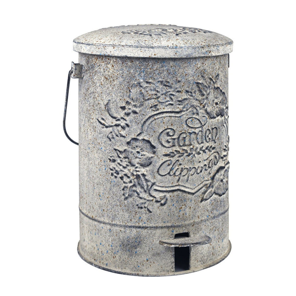 Embossed Floral Weathered Patina Foot Pedal Trash Can Outdoor Metal Garbage Bin