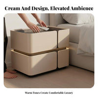 Illuminated Bedside Cabinet Nightstand with Battery-operated Charging Two Drawers Microfiber Leather Glass Surface Adjustable Lighting Suitable for Residents Students Guest Room Hotel