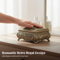 Vintage Metal Jewelry Box Heavy Duty Zinc Alloy Embossed Treasure Chest Velvet Lined Interior Antique Design Trinket Box for Women, Girls