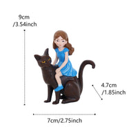 Black Cat and Girl Statue Micro Landscape Decor Girl Riding Cat Figurine