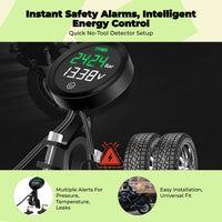 Motorcycle Tire Pressure Tracking System, cordless TPMS, instant pressure & temperature display, universal port charging, alarm modes