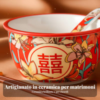Ceramic Double Happiness Bowl Set, Red Tableware, Wedding Gift, Chopsticks & Spoon