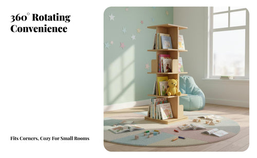 Solid Wood Construction Rotating Bookshelf Space Saving 360 Degree Revolving Bookcase Large Capacity Revolving Corner Bookcase Sturdy & Stable for Children, Students, Office Workers, Small Areas, Nursery, Study Room, Bedroom