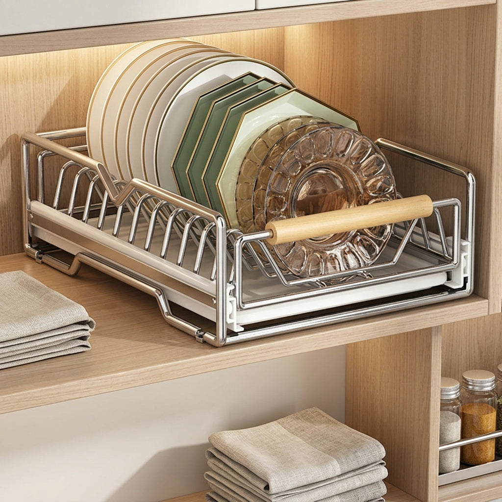 Carbon Steel Pull Out Dish Rack and Bowl Rack, Rectangular Double Layer Bowl and Plate Rack, Modern Minimalist Kitchen Drawer Organizer Shelf