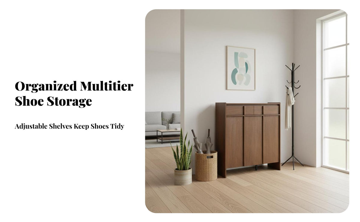Walnut Color footwear storage single piece with Bench Multi-Functional Entryway Cabinet with Doors paded Seat Household Furniture Stable Construction for Families, homeowners, Adults, Hallway, Mudroom, Living Room, Bedroom