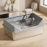 Stainless Steel Cat Waste Receptacle with High Fence, Top-Entry Toilet and Litter Tray, Large Enclosed Litter Pan with Step for Easy Maintenance