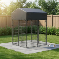 Wire Canine Enclosure Kennel Front Door Roofed Dog Run Dark-Framed