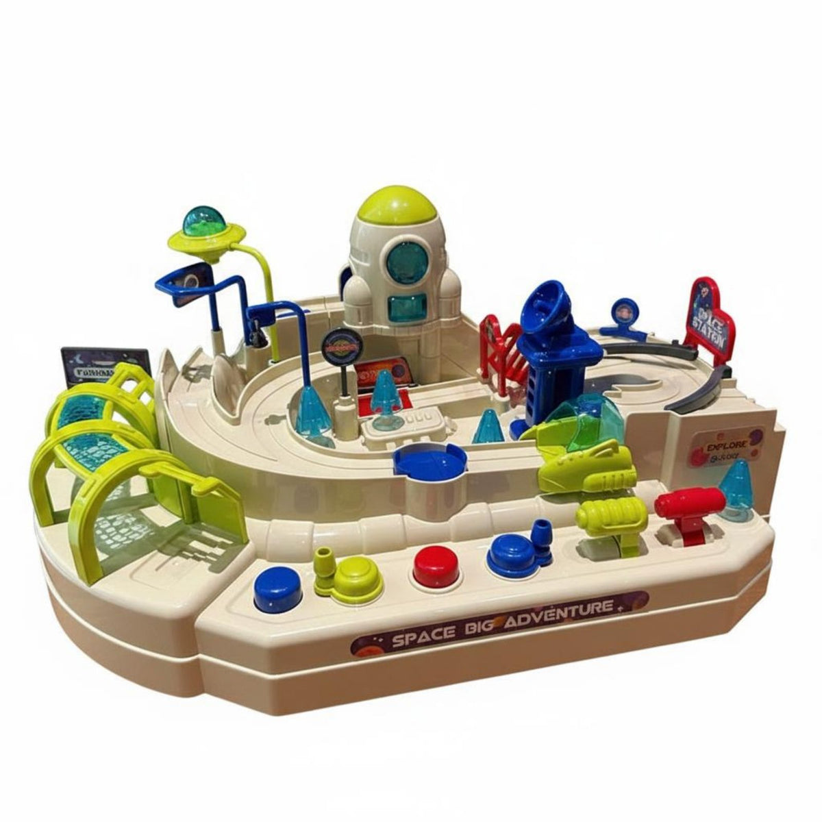 8 Obstacles Space Adventure Car Track Improves Fine Engine Skills Mechanical Car Obstacle Course No Batteries Required Button Activated Race Track Toy 6 Control Buttons for Boys, Kids, Toddlers