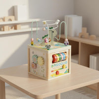 Color Recognition Wooden Activity Cube Multifunction Wooden Bead Maze Cube Hand Eye Coordination Educational Busy Box Fine Movement Skills for Toddlers, Babies, Preschool, Nursery, Kindergarten
