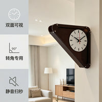 ins风三角棕色双面钟墙面免打孔艺术亚克力磨砂静音挂钟转角客厅