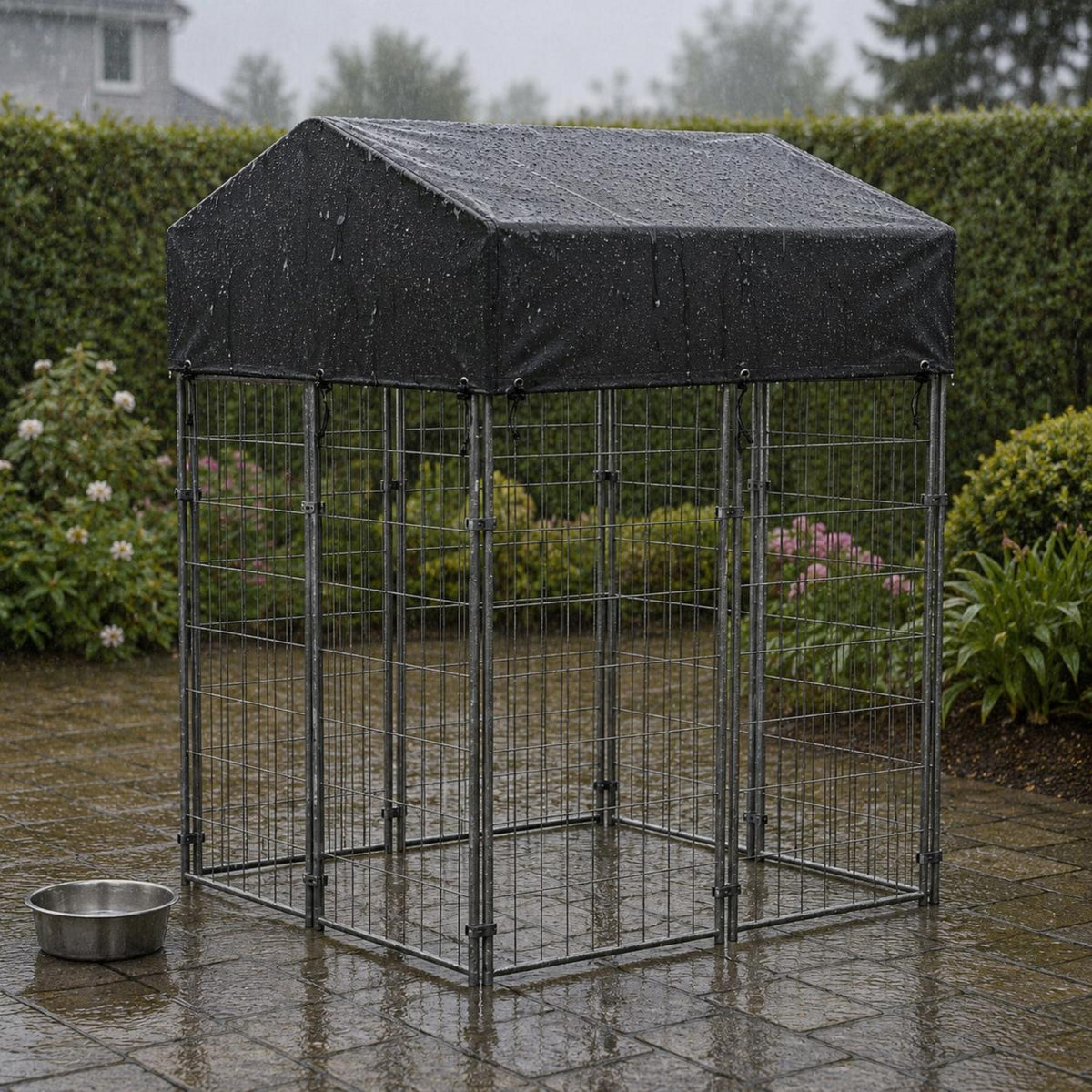 Wire Canine Enclosure Kennel Front Door Roofed Dog Run Dark-Framed