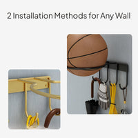 Wall-Mounted Sports Ball Rack, No-Drill, Multi-Peg Organizer
