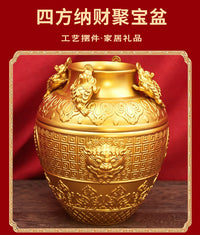 黄铜金蟾四方纳财聚宝盆浮雕回纹聚财罐客厅办公室旺财摆件开业礼