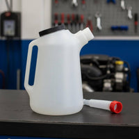 Clear Measurement Scale 5L Plastic Oil Can with Spout Leak-Proof Car Engine Oil Filler Pitcher Ergonomic Handle Long Spout Measuring Jug Resistant for Mechanics, DIYers, Auto Repair Shop, Workshop, Garage